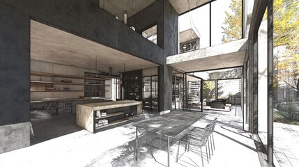 Poster - Modern architectural design featuring an open space with a dining area and kitchen.