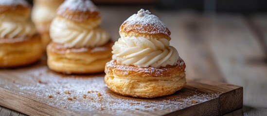 Canvas Print - Delicious pastry stacked elegantly on a wooden board with powdered sugar garnishing and rustic charm in a natural setting