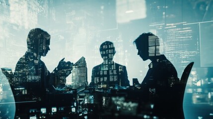 Poster - Silhouetted figures in a business meeting with cityscape overlay.
