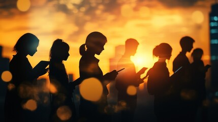 Poster - Silhouettes of people using devices against a sunset backdrop, conveying connection and technology.