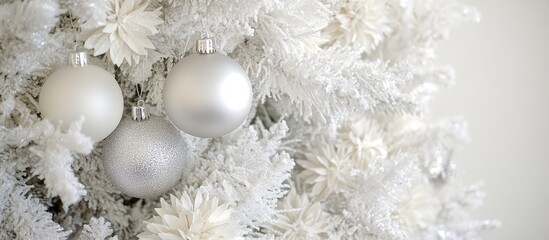 Wall Mural - Elegant white Christmas tree close-up showcasing silver ornaments and decorative accents for a festive holiday atmosphere.