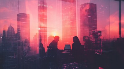 Fototapete - A silhouette of two people working at a desk against a sunset cityscape.
