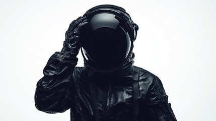 Poster - A figure in a black space suit and helmet, posing against a minimalist background.