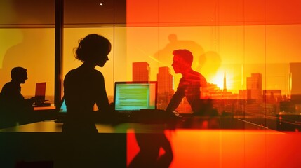 Fototapete - A silhouette of professionals working at sunset in an office setting.