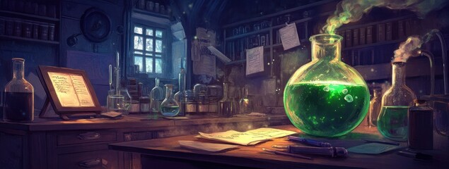 Poster - A mystical laboratory filled with glassware and a glowing green potion.