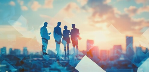 Fototapete - Silhouettes of professionals against a vibrant sunset, symbolizing collaboration and success.