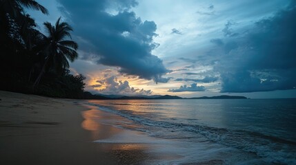 Wall Mural - Serene beach sunset with long exposure effects highlighting clouds and water creating a tranquil coastal atmosphere at dusk.