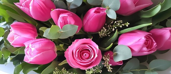 Wall Mural - Vibrant pink roses and tulips with eucalyptus branches in an elegant overhead bouquet arrangement for floral design themes