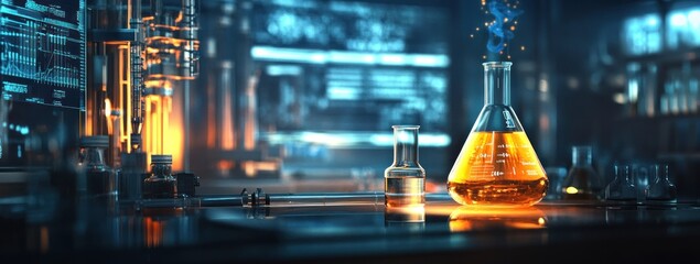 Leinwandbilder - A vibrant laboratory scene with glowing beakers and scientific equipment.