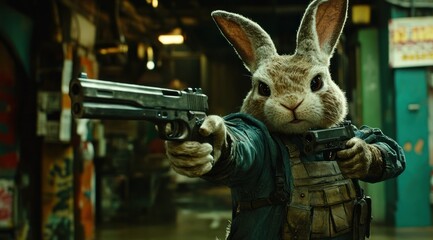 Poster - A anthropomorphic rabbit character wielding guns in an urban setting.