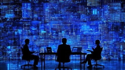 Fototapete - Silhouetted figures in a corporate setting against a blue cityscape backdrop.
