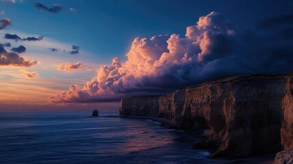 Wall Mural - dramatic clouds illuminated by dusk light over towering cliffs by the tranquil sea showcasing nature