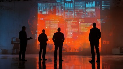 Aufkleber - Silhouetted figures observing data visualizations in a high-tech environment.