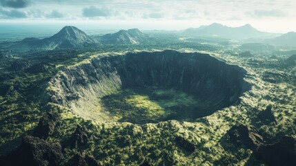 Aerial view of a massive volcanic crater surrounded by lush green landscape and distant mountains under a cloudy sky