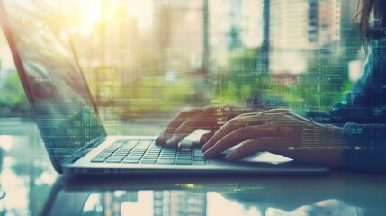 Fototapete - A person typing on a laptop with a cityscape in the background, symbolizing technology use.
