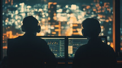 Aufkleber - Two individuals working at computers with city lights in the background, focused on their tasks.