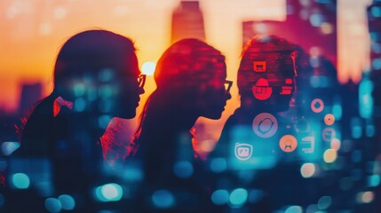 Fototapete - Silhouettes of individuals against a sunset, layered with digital icons and technology themes.