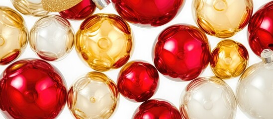 Wall Mural - Colorful Christmas decorations with red and gold glass baubles arranged on a white background festive holiday theme close-up view