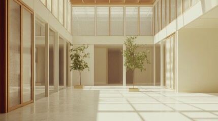 Aufkleber - A spacious, modern interior featuring natural light and indoor plants.