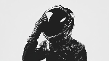 Poster - A monochrome depiction of an astronaut touching their helmet, conveying a sense of contemplation.