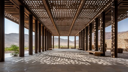 Leinwandbilder - A spacious architectural structure with wooden beams creating light patterns and mountain views.