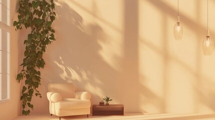 Aufkleber - A serene interior featuring a cozy chair, a small table, and a plant with soft lighting.