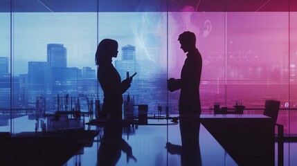 Fototapete - Silhouettes of two professionals engaged in conversation against a city backdrop.