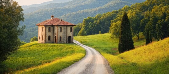 Wall Mural - scenic countryside road leading to a charming building surrounded by lush greenery and rolling hills