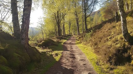 Canvas Print - Scenic dirt trail winding through lush beech forest illuminated by sunlight in tranquil highland landscape