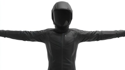 Leinwandbilder - A figure in a sleek black outfit with a helmet, arms outstretched against a white background.