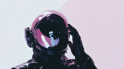 Poster - A futuristic astronaut in a reflective helmet against a pastel background.