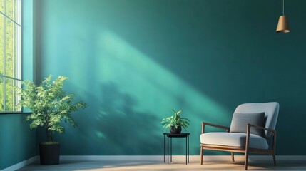 Aufkleber - A serene interior featuring a teal wall, a cozy chair, and potted plants.
