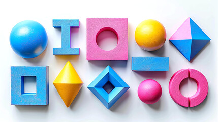 Colorful geometric shapes arranged creatively on a white background