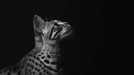 Poster - A black and white portrait of a cat looking upward against a dark background.
