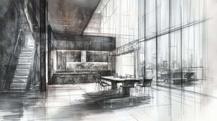 Aufkleber - A monochromatic architectural sketch of a modern interior space with large windows.