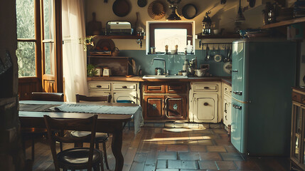 A homey kitchen with a cozy dining area, wooden countertops, and a vintage refrigerator,