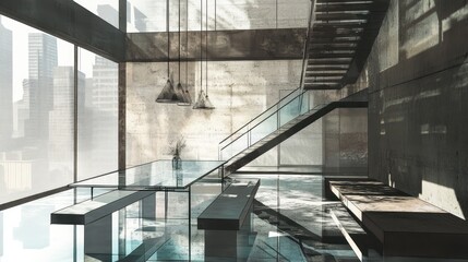 Aufkleber - Modern interior with glass elements and a staircase, showcasing urban architecture.