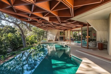 Aufkleber - Modern architectural design featuring a pool and lush surroundings.