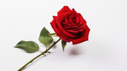 Wall Mural - elegant close-up of a single red rose with green leaves on a pristine white background symbolizing b