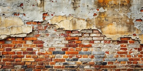 Wall Mural - Aged Brick Wall with Peeling Plaster, Showing Time and Texture