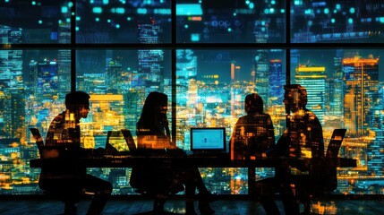 Fototapete - A silhouetted business meeting against a vibrant city skyline at night.