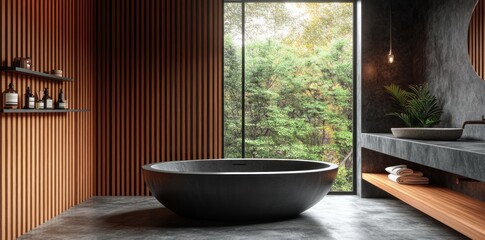 Aufkleber - Modern bathroom featuring a freestanding tub and large windows overlooking greenery.