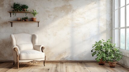Aufkleber - A cozy, minimalist room with a white armchair, plants, and natural light.