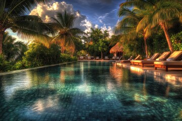 Poster - Serene tropical pool surrounded by lush palm trees and a vibrant sunset sky.