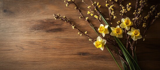 Sticker - Easter floral arrangement with willow branches and daffodils on rustic wooden table ambiance