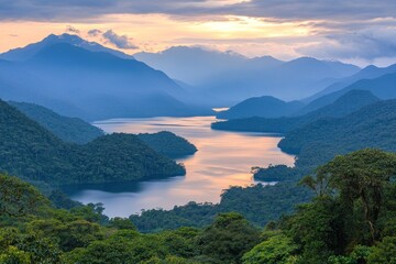 Poster - Serene landscape featuring mountains and a winding river at sunset.