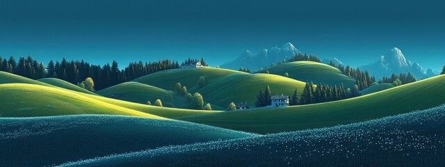 Poster - A serene landscape featuring rolling hills, trees, and distant mountains under a twilight sky.