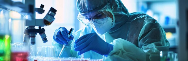 Aufkleber - A scientist conducts experiments in a laboratory, wearing protective gear and focused on the task.