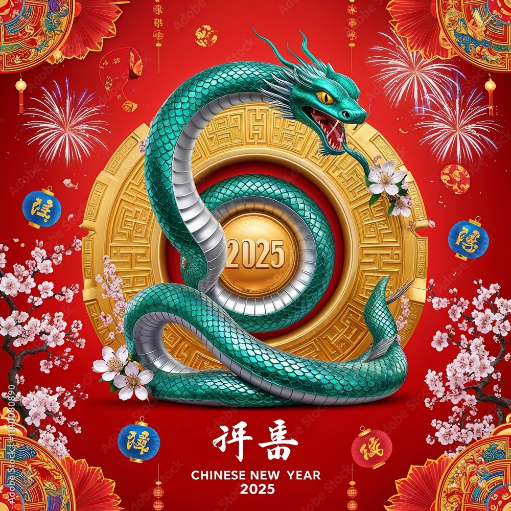 Nouvel An Chinois 2025 Année du Serpent, célébration traditionnelle avec symboles festifs et