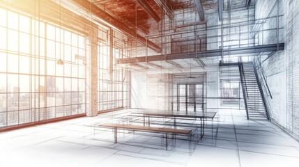 Aufkleber - A modern, open interior space with large windows and minimalist furniture.